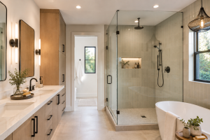 Spa style primary bathroom renovation with walk in glass shower.